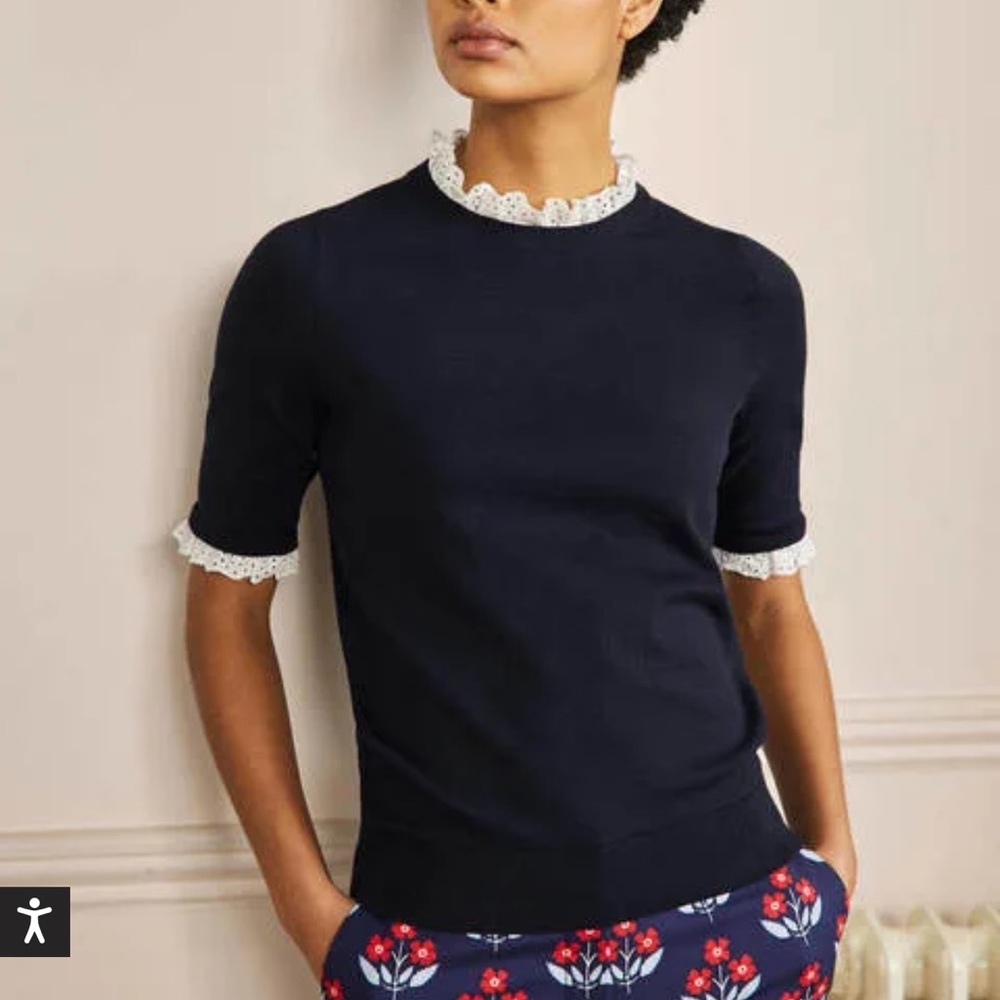 Boden Navy Short Sleeve Top with White Trim